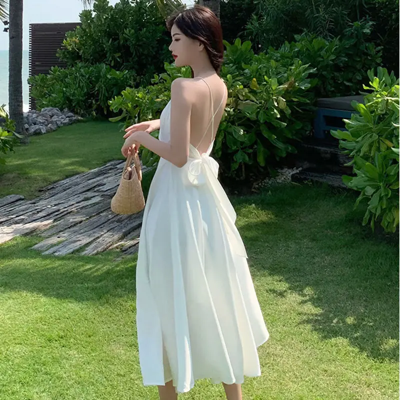 

Photo clothes seaside holiday beach dress sexy backless dress satin strap dress is female