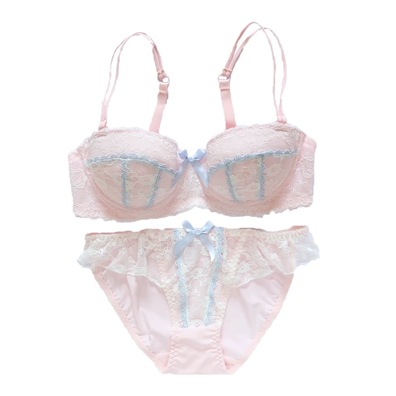 Dream Princess Fresh Sexy Lolita Cute Lace Trim Bow Bra & Brief Set Japanese Women's Push Up Underwire Underwear Suit Student