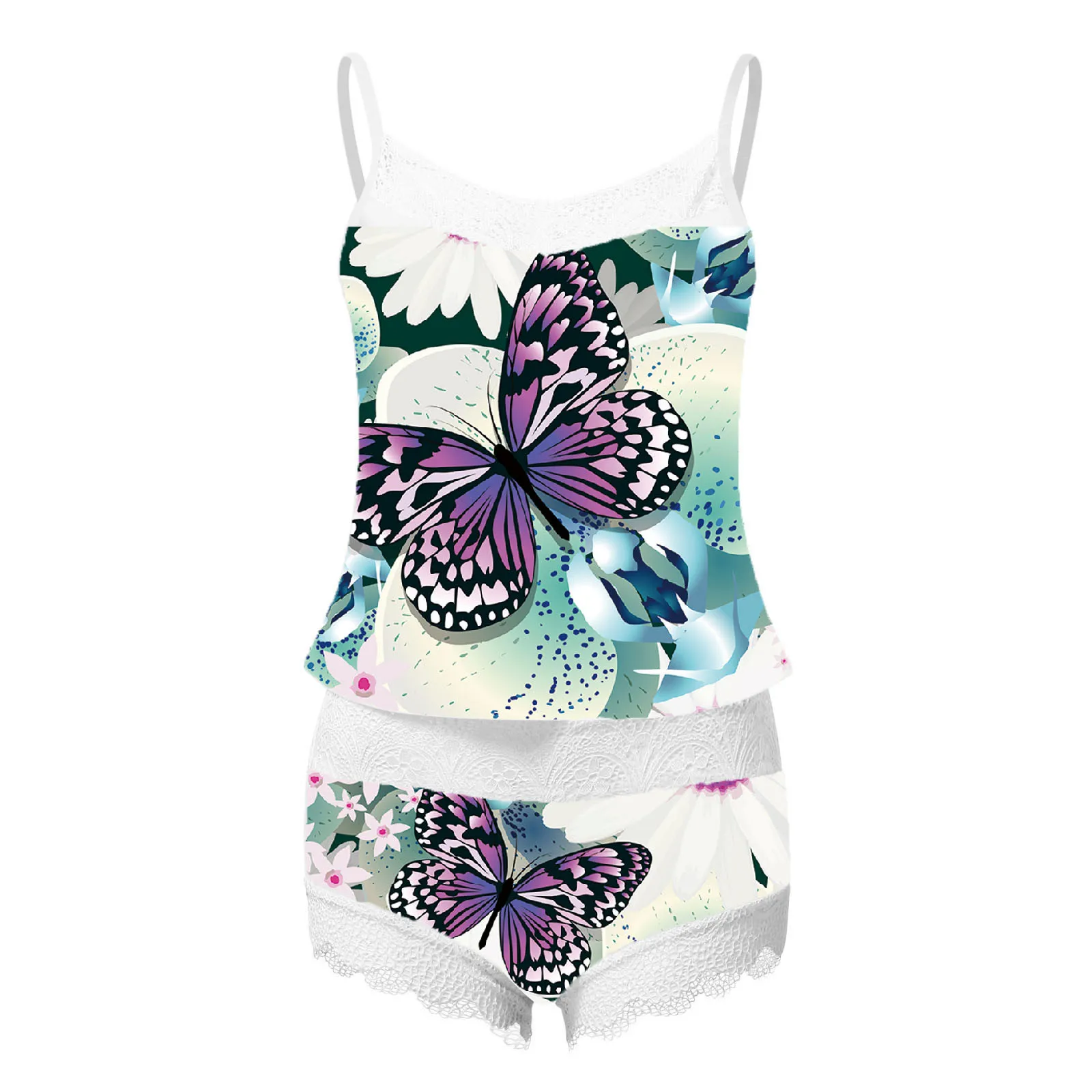 

Women's pajamas set sleeveless lace camisole shorts underwear pajamas set butterfly print comfortable breathable M*