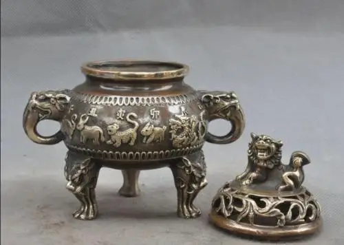 Старинная китайская бронза 12 знаков зодиака брелок для foo dog Лев зверь Статуя