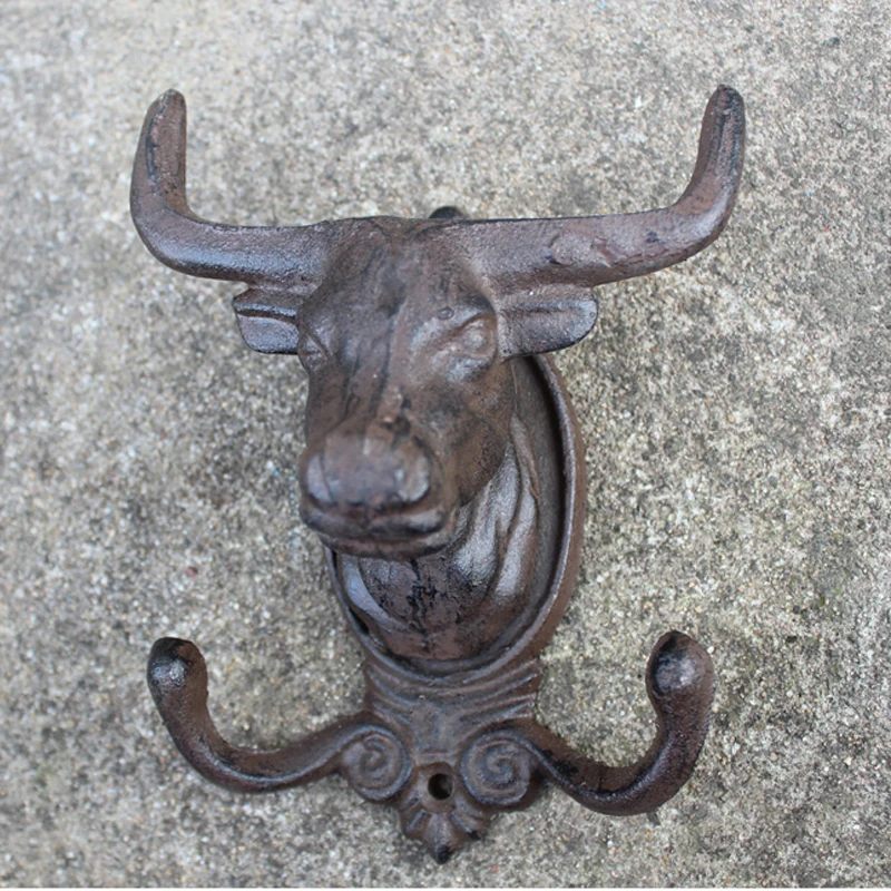Ретро деревенский чугунный настенный крючок с головой быка двумя вешалками