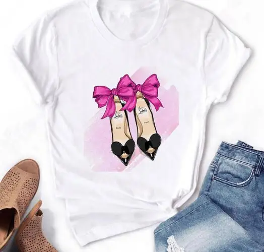 

Футболка женская с круглым вырезом, свободная Модная рубашка с принтом, на высоком каблуке, с коротким рукавом, на лето