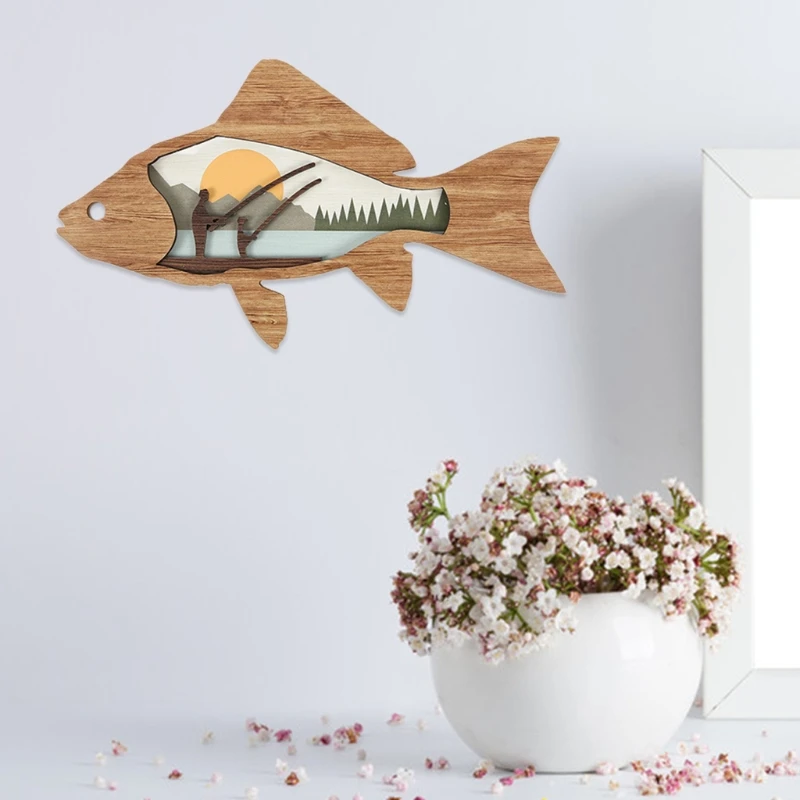 

Hand Carved Wood Fish Wall Decor Fishing Landscape Ornament for Wall Hanging Gift Crafts Living Room Farmhouse Home