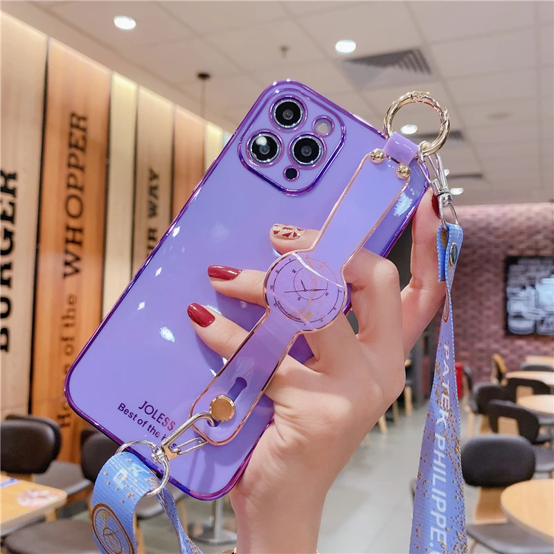 

Shoulder Strap Wristband Holder Case for iPhone 12 Mini 11 12 Pro XR XS Max X 7 8 Plus 6 SE 2 Camera Protect Electroplated Cover