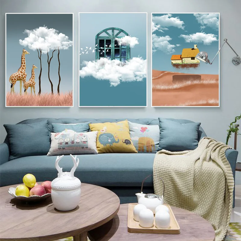 

Modern Cloud Giraffe Animal Art Wall Print Poster Blue Sky Canvas Painting Creative Cartoon Home Decoration Living Room Picture