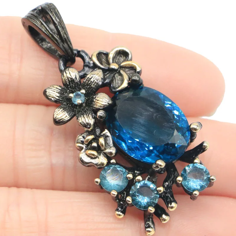 

44x20mm Bohemia Design Vintage 9.3g Flowers Created Pink Morganite Violet Tanzanite London Blue Topaz Black Gold Silver Pendant
