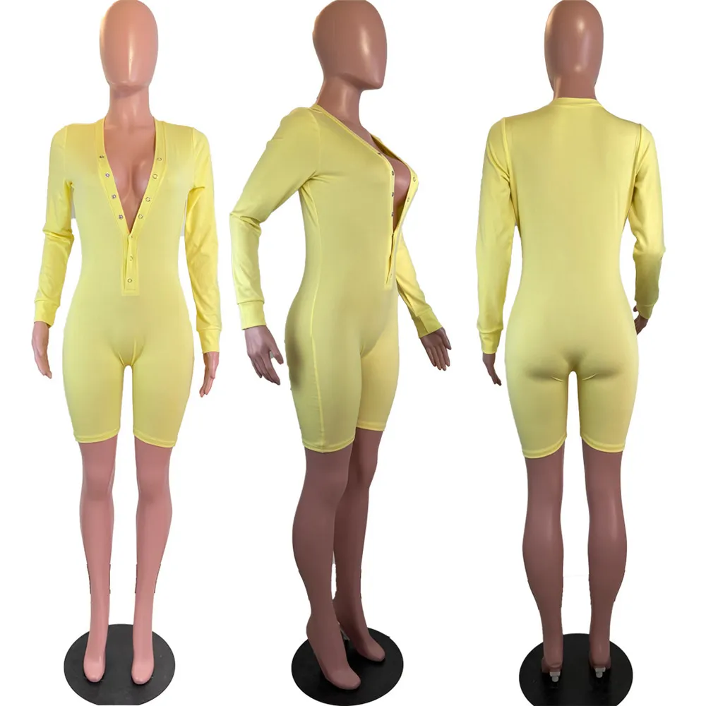 

Jumpsuit Sleepwear Women Sexy V Neck Button Up Solid Shorts Playsuits Casual Long Sleeve Ladies Home Clothes