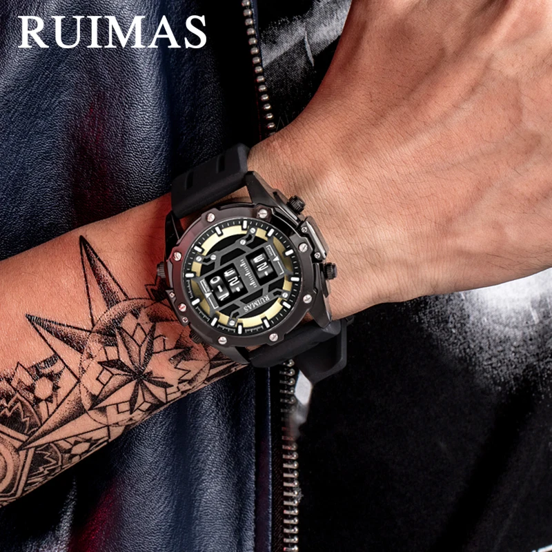 RUIMAS Luxury Brand Men Watch Rolling Time Sport Rubber Strap Wristwatch Waterproof Military Quartz Watches Relogio Masculino | Наручные