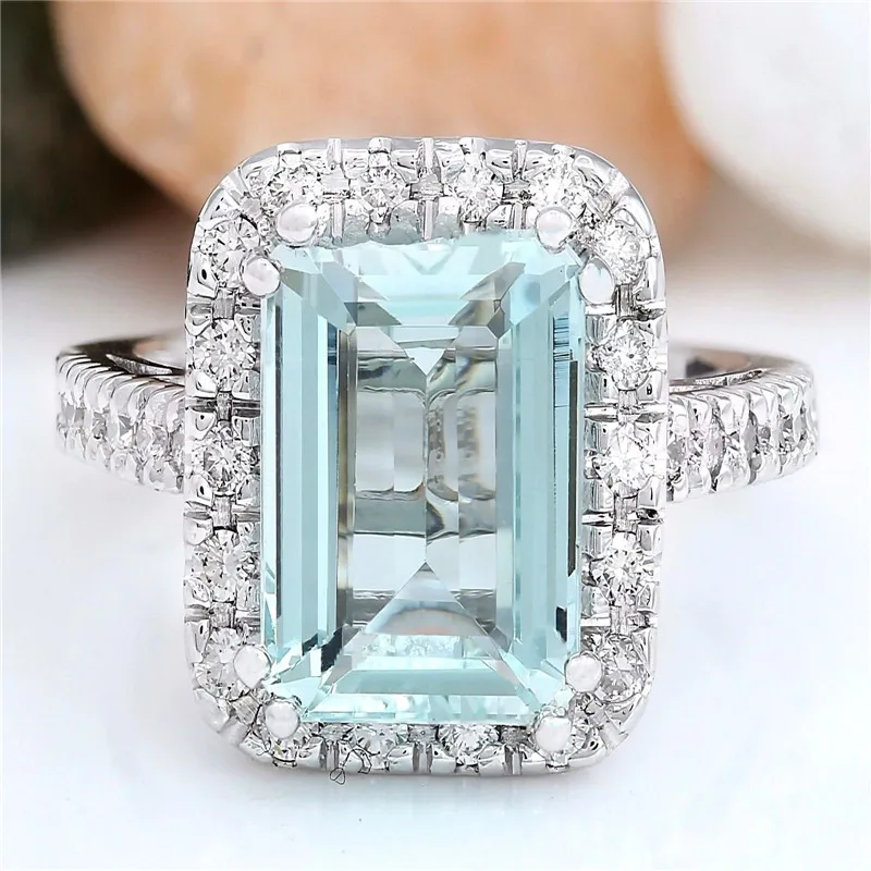 

Fashion Large Sky Blue Square CZ Stone Ring Silver Plated Micro Paved Rhinestones Rings For Women Wedding Party Jewelry B3H886