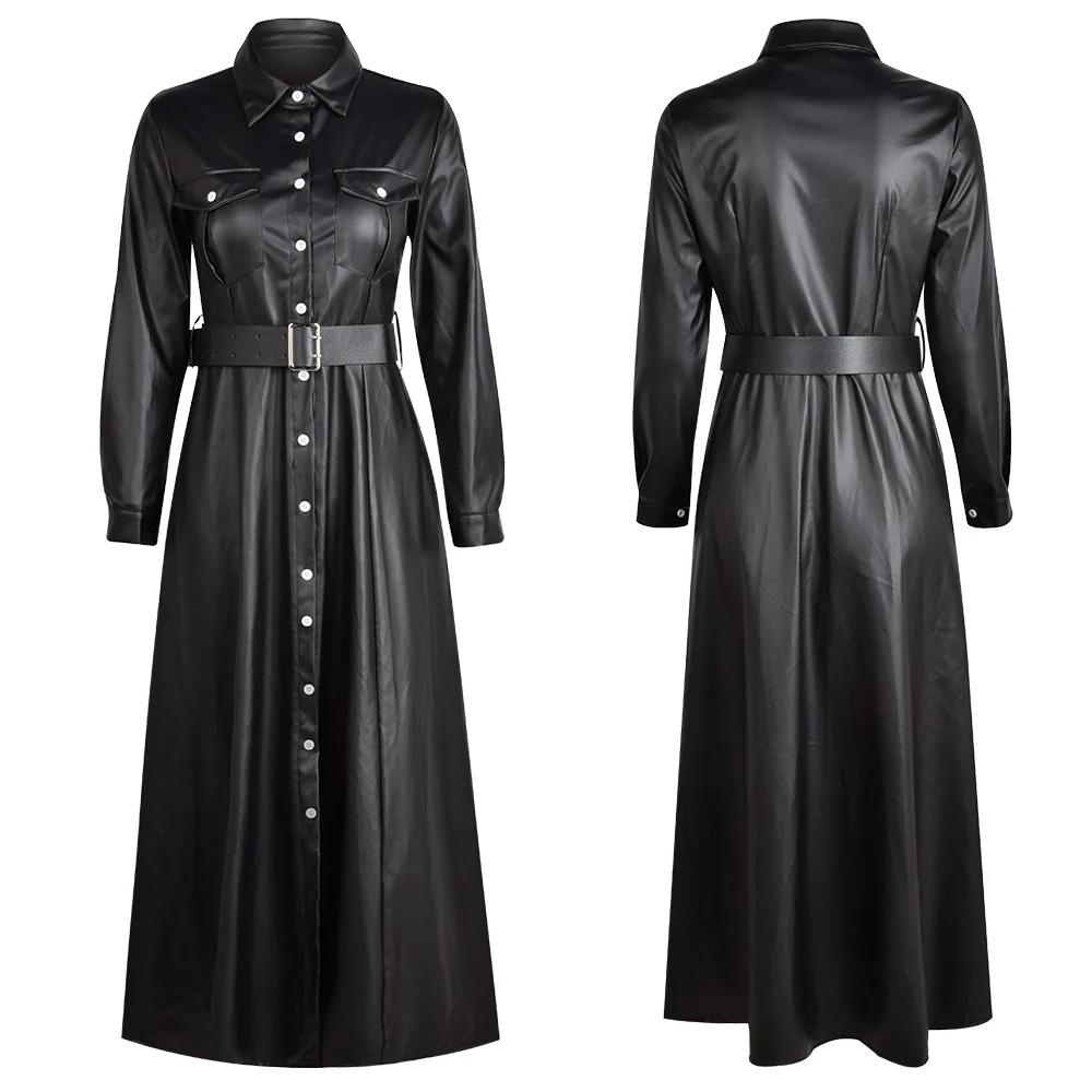 Женское платье 2020 весеннее из искусственной кожи с длинным рукавом