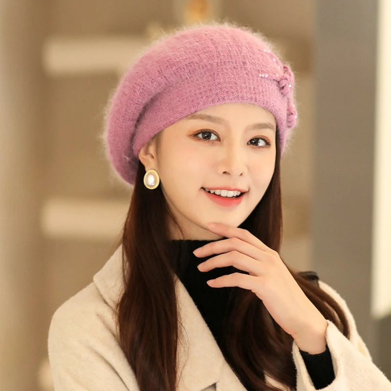

Beret Women Winter Angora Hat Knit Beanie Autumn Warm Flower Pearls Double Layers Skiing Thermal Outdoor Accessory For Lady