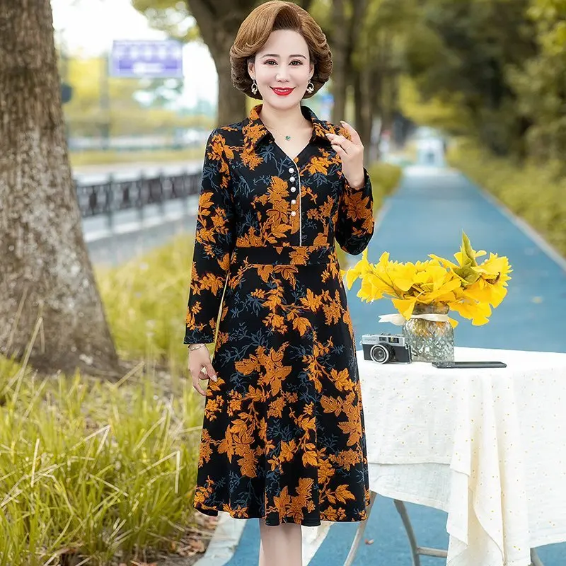 

Women's printing Dress Large Size Spring Autumn Middle-aged Mother Dresses Long-sleeved Dress Vestidos Femme Bodycon Party Dres
