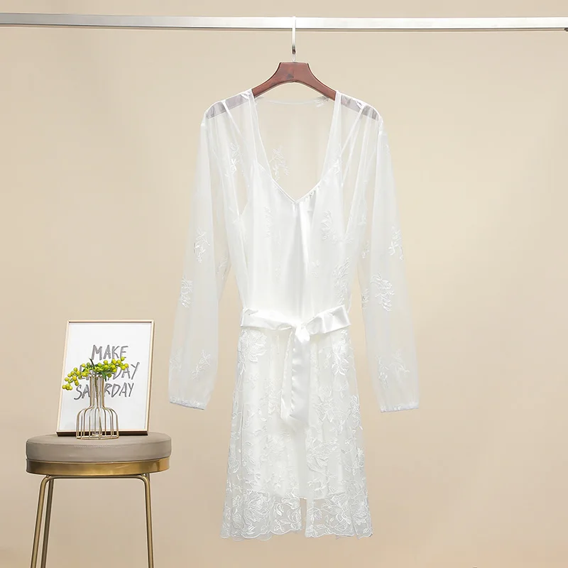 

Owiter 2020 New Women Stain Silk Lace Robe Bride Bridesmaid Robes Bridal Robes Wedding Long Robe White Sleepwear Bathrobe