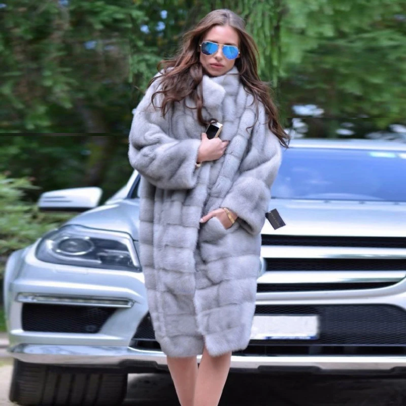 

100cm Long Genuine Mink Fur Coat Stand Collar 2021 New Winter Fashion Full Pelt Mink Fur Coats Long Fur Overcoat Luxury Woman