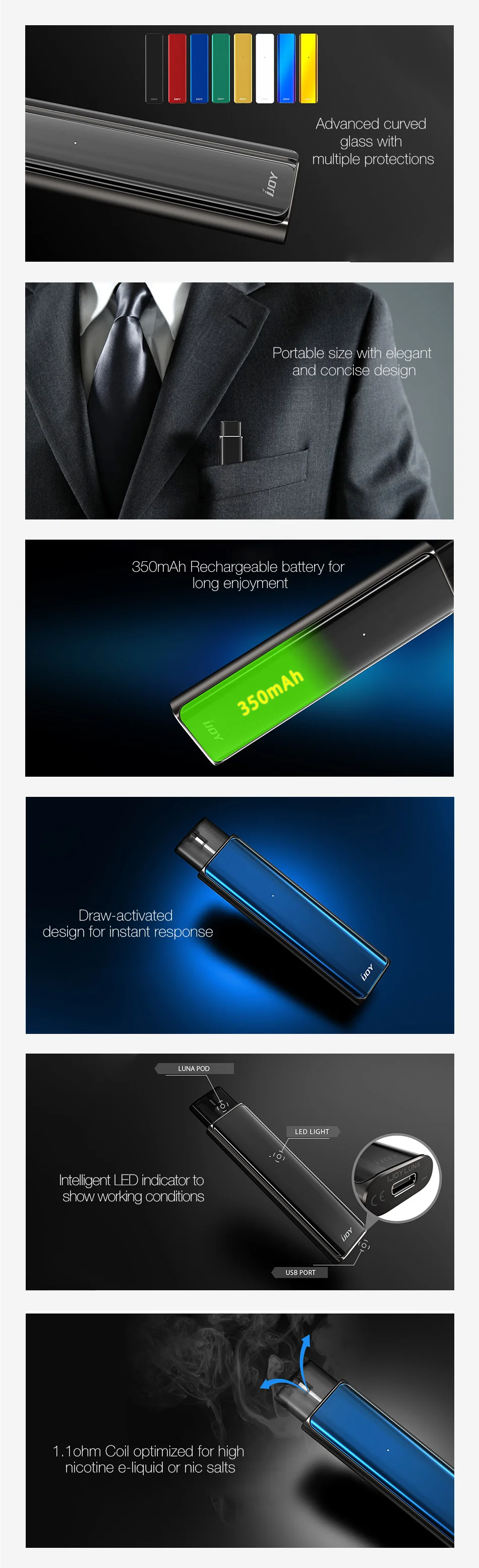 IJOY LUNA Pod система стартовый комплект wi/350 мАч батарея и 1,4 мл многоразовый Pod и Ом катушка Vape комплект VS Drag Nano/Vinci