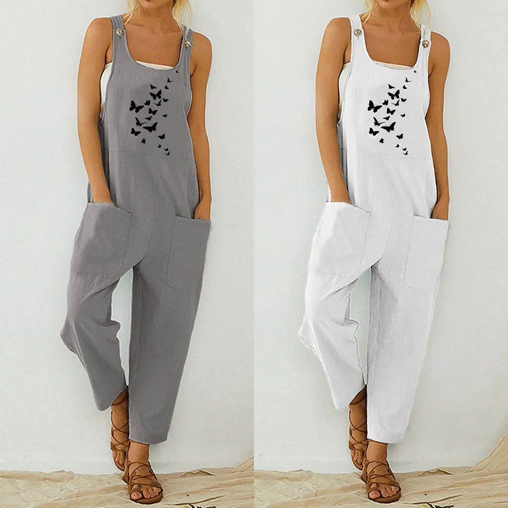 

Printed Womens Sleeveless Dungarees Rompers Cotton Linen Jumpsuit Loose Preppy Style Pants Casual Pocket Overalls Playsuits