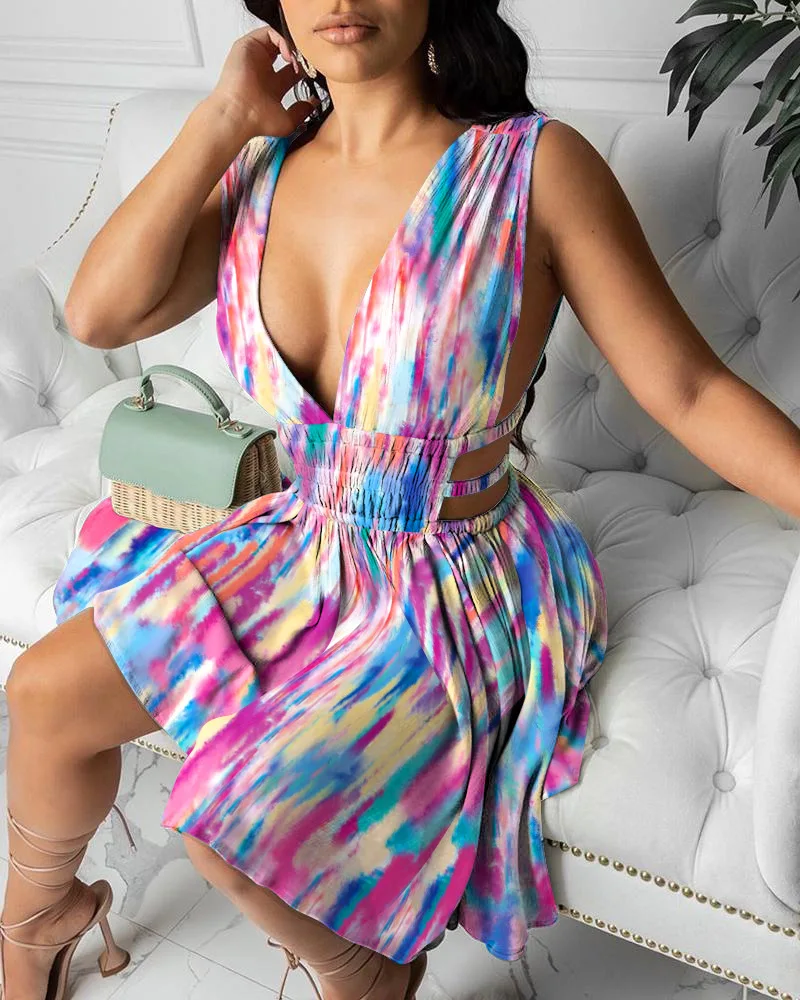 

2021 summer fashion tie-dye printed V-neck dress