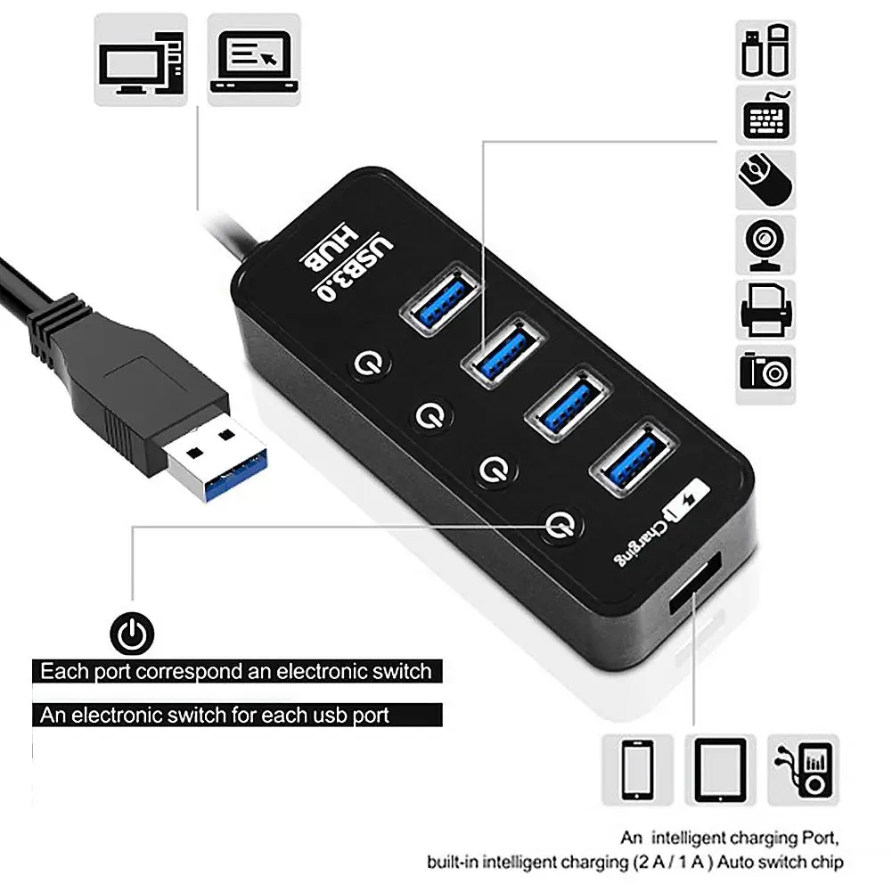 Новый USB-разветвитель, высокоскоростной расширительный концентратор с  задержкой, 4 порта USB 3,0, USB2.0 адаптер с переключателями ВКЛ/ВЫКЛ для ПК,  ноутбуков, компьютеров | AliExpress