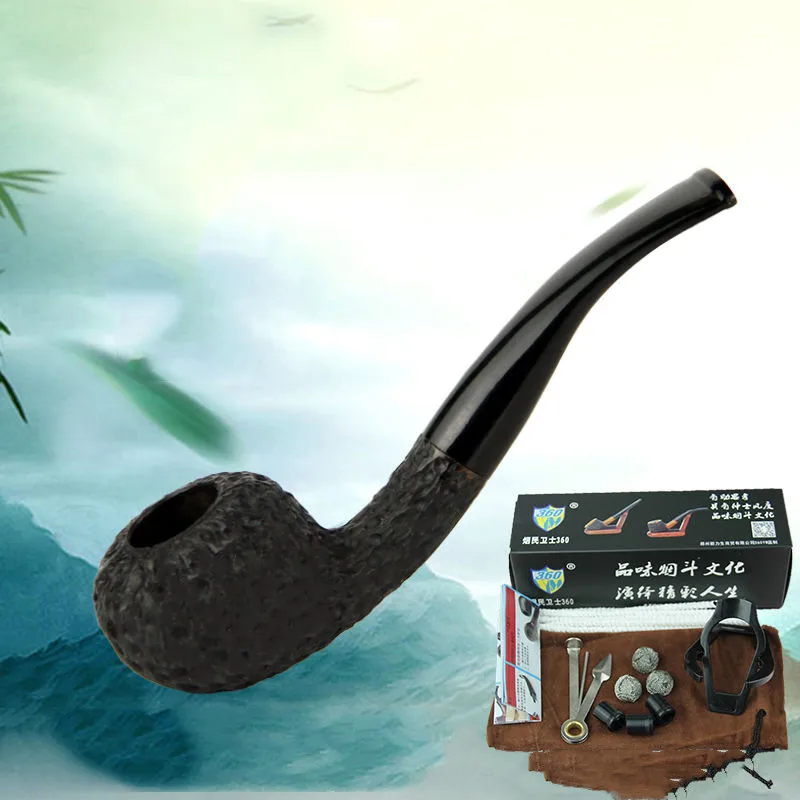 

High Quality 1 Pieces Fashion Style Ebony Nature Handmade Wood Tobacco Smoking Wooden Pipe Bent Round Gift Pipes with tool