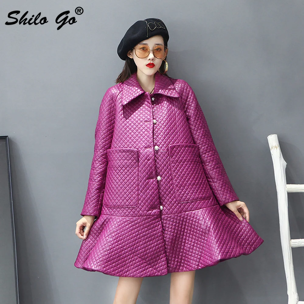 

Elegant Peter Pan Collar Single Breasted Turmpet Hem A Line Coat Women Winter Office Lady Genine Leather Coat Sheepskin Outwear