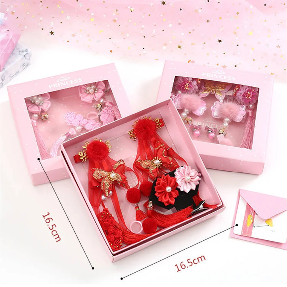 

Multi Style Girls Hair Clips Chinese Traditional Princess Plush ball Tassels Flower Hairpins Kids Hair Accessories Set