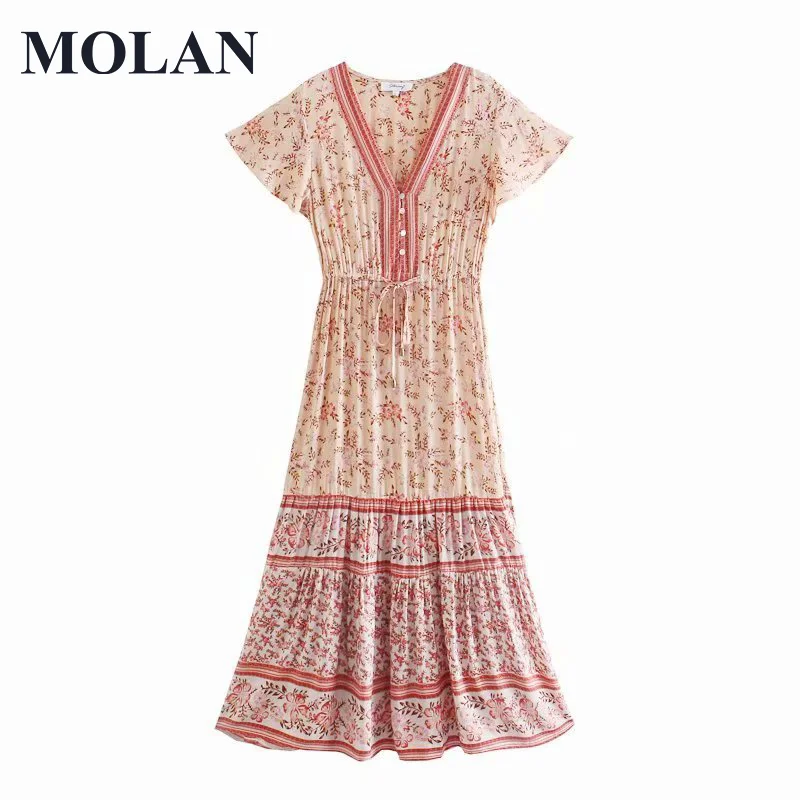 

2021 Summer New 2 Color Positioning Floral Cotton Holiday Dress V Collar High Waist Female Vintage Pleated Fashion long Skirt