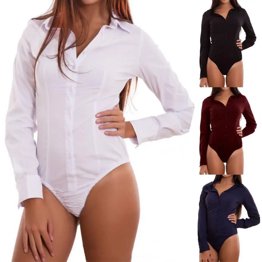 

Women Sexy Bodysuit Turn-Down Collar Solid Color Women Overall Single-Breasted Long Sleeve Office Shirt Bodysuit Ladies Clothing
