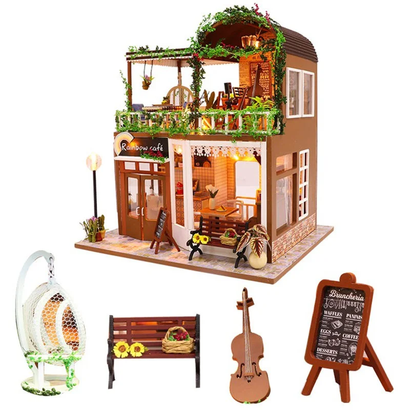 

Diy Cafe Wooden Doll House Casa Cello Miniature Dollhouse Kast Furniture Kit Kids Home Toys