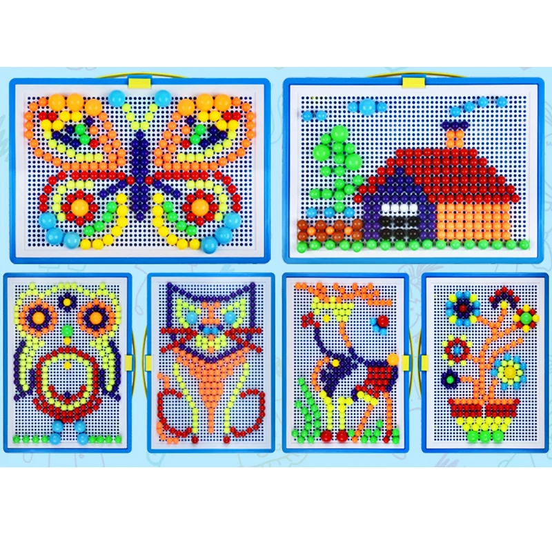 

296 Pieces / Mushroom Nail Beads Puzzle Set Box Intelligent 3D Puzzle Games Jigsaw Board for Children Kids Educational Toys