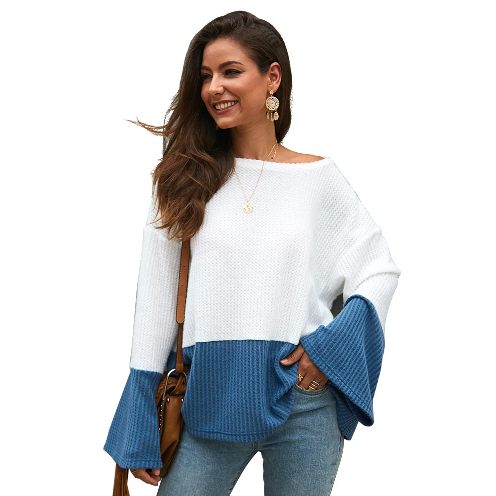 

Autumn and winter new products 2021 contrast stitching long-sleeved loose knitted sweater