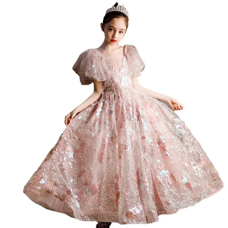 New Teenager's Luxury Party Dress Children Sequined Petal Sleeves Ball Gowns Infant Pageant Ceremony Formal Dresses Child Frocks enlarge