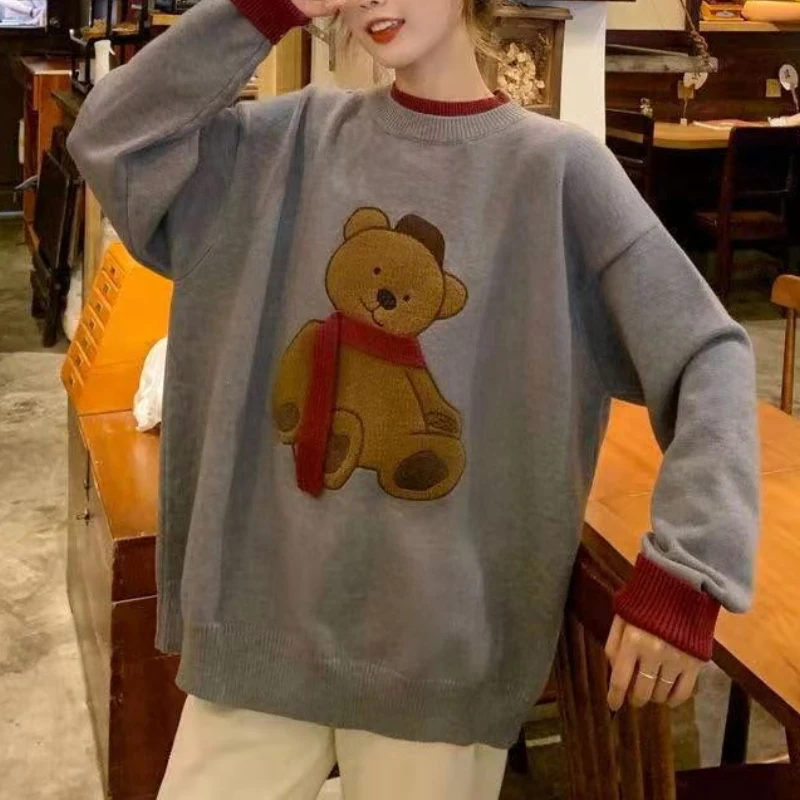 

New Japanese Preppy Style Knitwear for Lady Loose Lazy Fashion Tops Women's Contrast Color Little Bear 3D Pattern Lovely Sweater