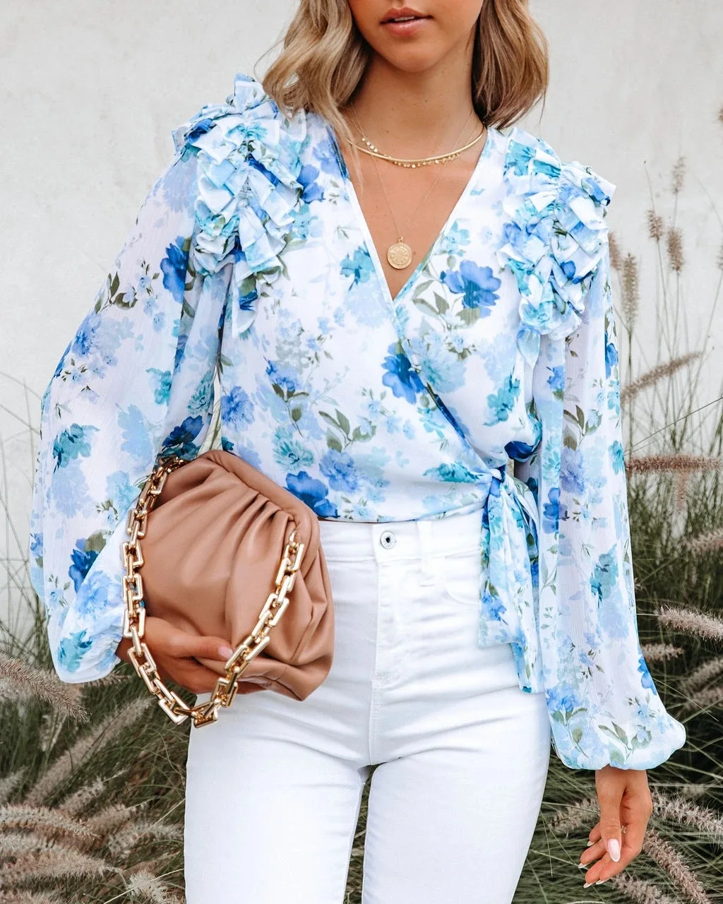 

Sexy Floral Print Crop Top Women V Neck Puff Sleeve Cross Bandage Chiffon Blouse Casual Loose Shirt Autumn Tops Blusas Mujer