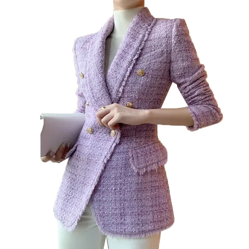 

2021New Spring Autumn Fashion Woolen Coat Women Double Breasted Elegant Blazer Female Tweed Blended Wool Women Jacket Outerwear