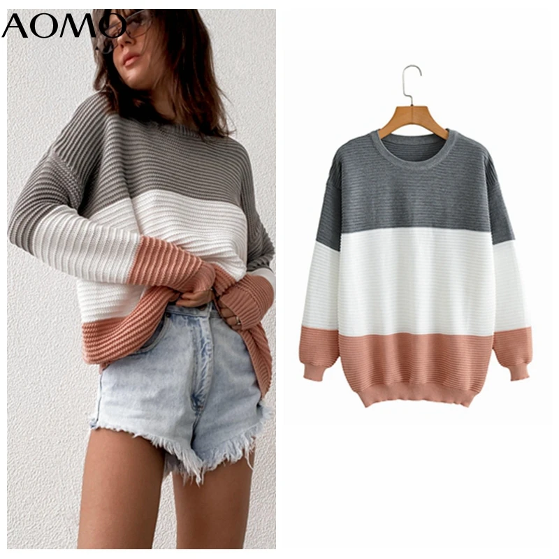 

AOMO Женская Коллекция осень-зима 2021, полосатый вязаный свитер, джемпер, женские пуловеры оверсайз BC200A