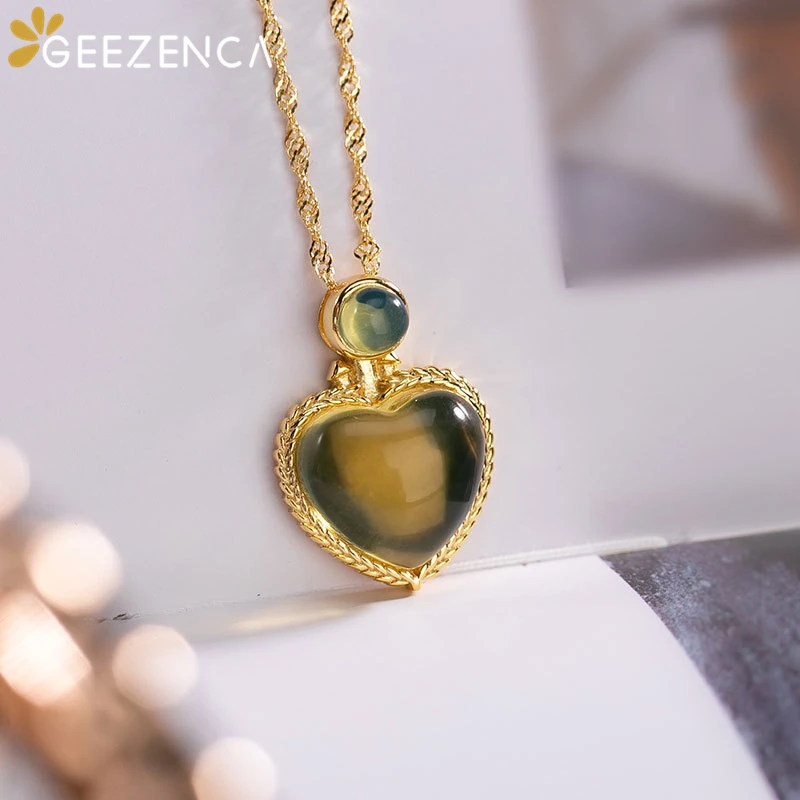 

S925 Silver Goldplated Natural Blue Amber Heart-shaped Pendant Necklace For Women Gorgeous Trendy Necklace Fine Jewel Party Gift