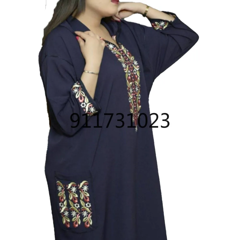2021 Summer New Fashion Muslim Solid Color Embroidery Simplicity Women's Dress Temperament Loose Casual Long Sleeve | Тематическая