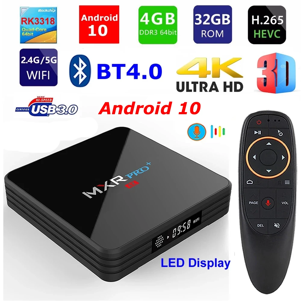 MXR PRO Plus Android 10 Смарт ТВ коробка 4G Ram 32G Rom RK3318 4 ядра LED Дисплей 4K H265 BT4.0 2 4G/5G двойной WI FI