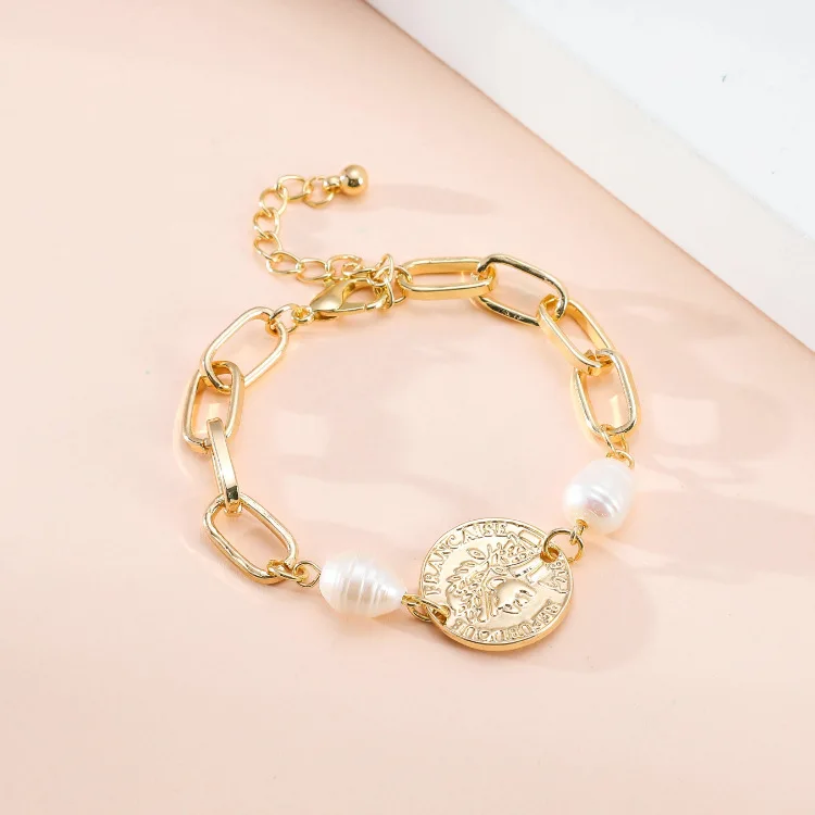 

ORNAPEADIA New Simple Geometric Bracelet for Women Pearl Disc Alloy Sheet Adjustable Interlocking Chain Female Bracelet