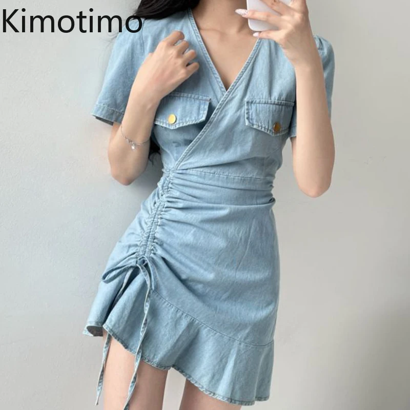 

Kimotimo Denim Drawstring Dress Women Korean Chic Retro V-neck Temperament Short Sleeve Waist Little Guy Irregular Mini Dresses