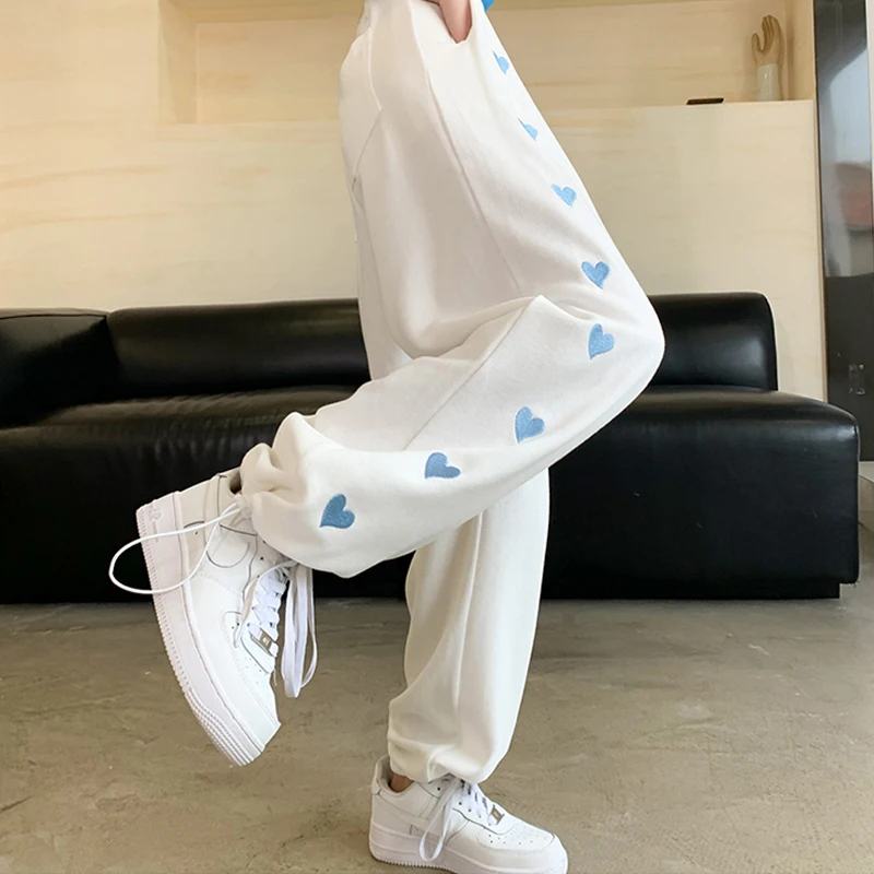 

white Heart print Sweatpants for Women 2021 Autumn New Baggy Fashion Oversize jogging Pants Balck Trousers Female Joggers Street