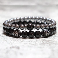 black obsidian bracelet plus hematite men jewelry on hand good luck health wealth charm bracelet handmade beads stone homme gift