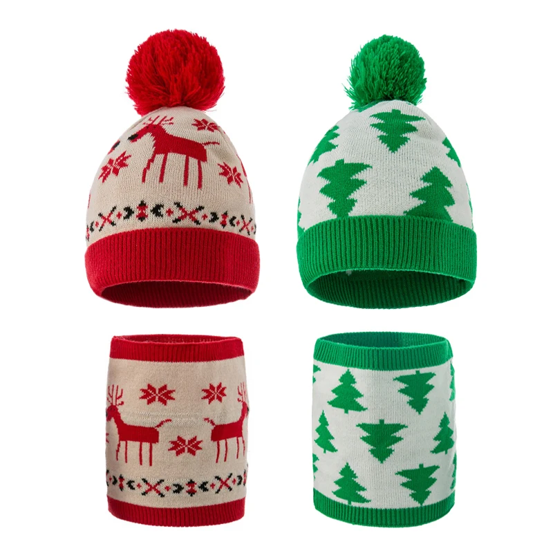 

Winter New Children's Christmas Hat Set Knitted Kids Hat Circle Scarf Neck Set Newborn Knit Beanie Caps Boys Girls Infant Bonnet