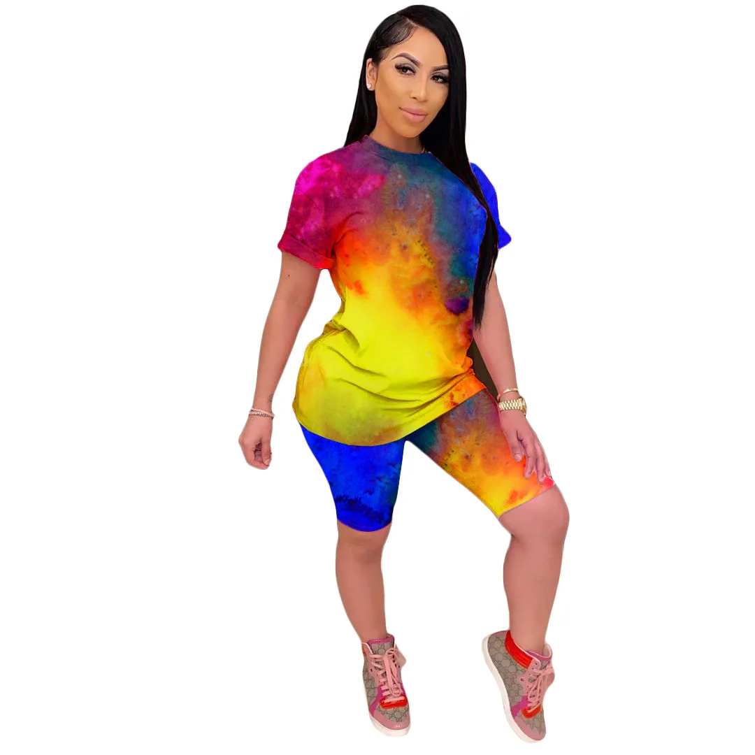 

Комплект одежды HAOOHU женский из двух предметов, летний спортивный костюм с принтом тай-дай, топ и велосипедные шорты, одежда для отдыха