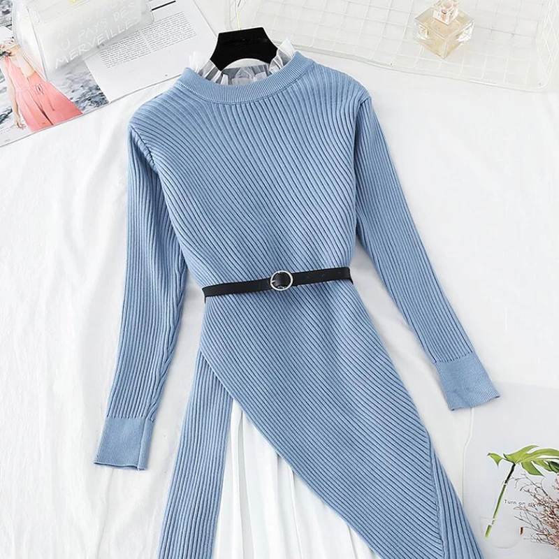 

Long Sleeved Sweater + Lotus leaf collar Vest Dress Suit High quality Two Pieces Suit Women Sweater Knitted Dress Autumn Winter