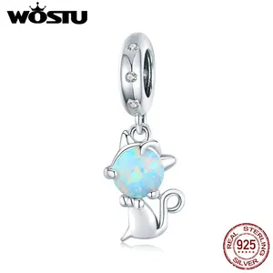 WOSTU милый кот Опал шарик 925 стерлингового серебра Блестящий животных CZ браслеты с подвесками, подходят к оригинальному браслету, кулон ожерелье прекрасные ювелирные изделия CTC235
