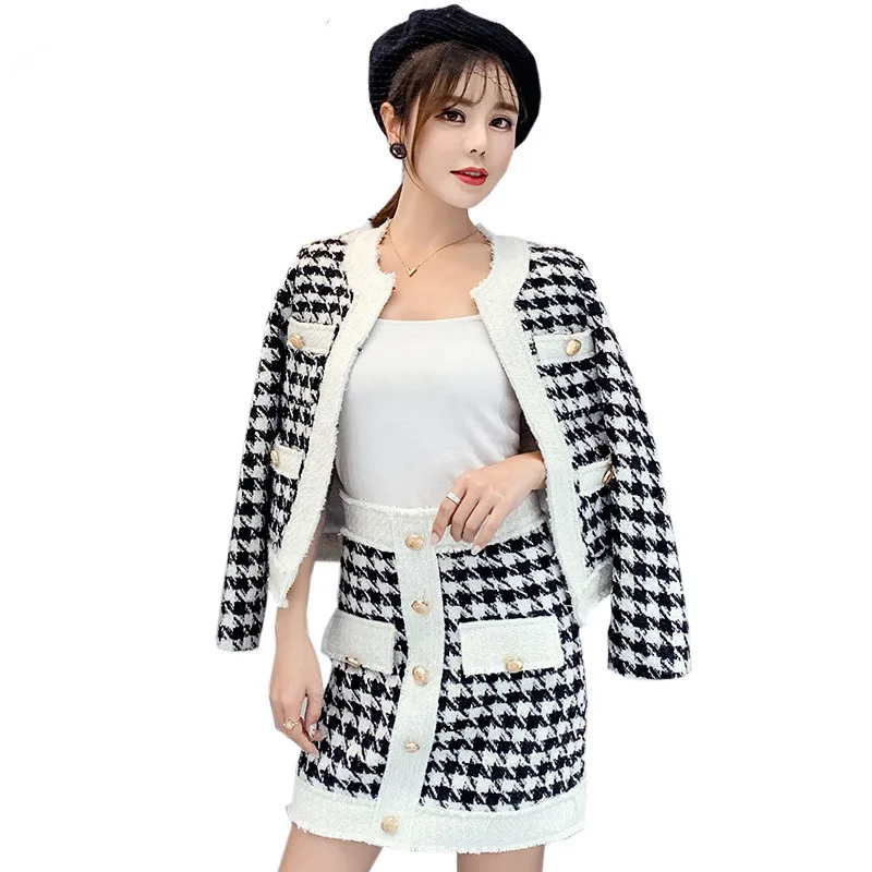 Small fragrance 2 piece set 2019 autumn and winter women's runway tweed wool jacket coat gold button mini pencil skirt suit | Женская