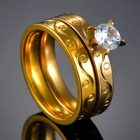 2pcsset lovers crystal white zircon gold color stainless steel ring jewelry fashion bridal sets men women wedding couples rings