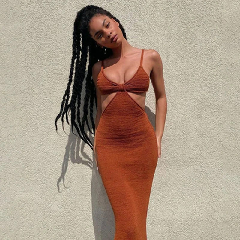 

Solid Knitted Maxi Dresses Elegant Strap Cut Out Backless Women Summer Vacation Long Dresses Sexy Bodycon Party Irregular Dress