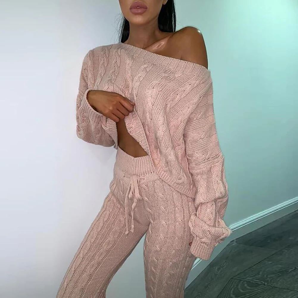 Women Autumn Winter Knitted O Neck Leisure Two Pieces Outfit Long Sleeve Sweater Jumpers Pants Set | Женская одежда